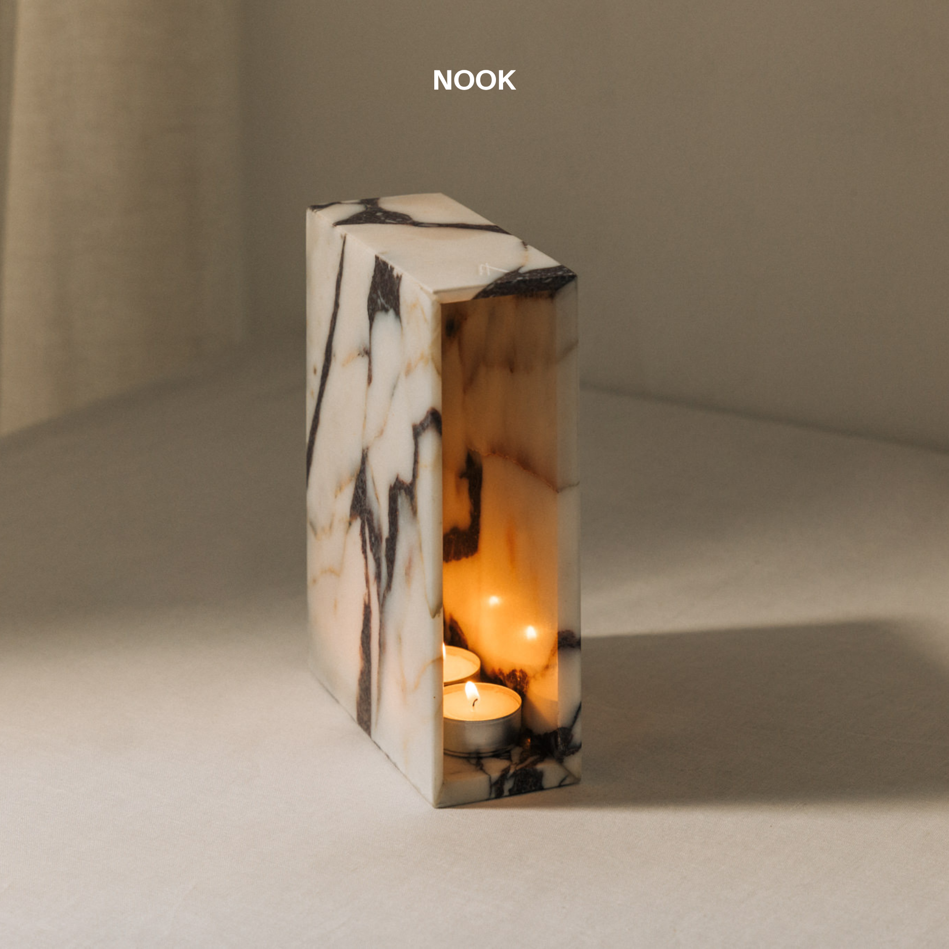 Nook marble candle holder, wafer-thin Calacatta Viola marble
