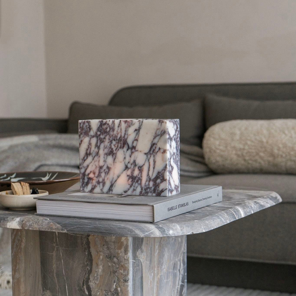 Nook marble candle holder, wafer-thin Calacatta Viola marble
