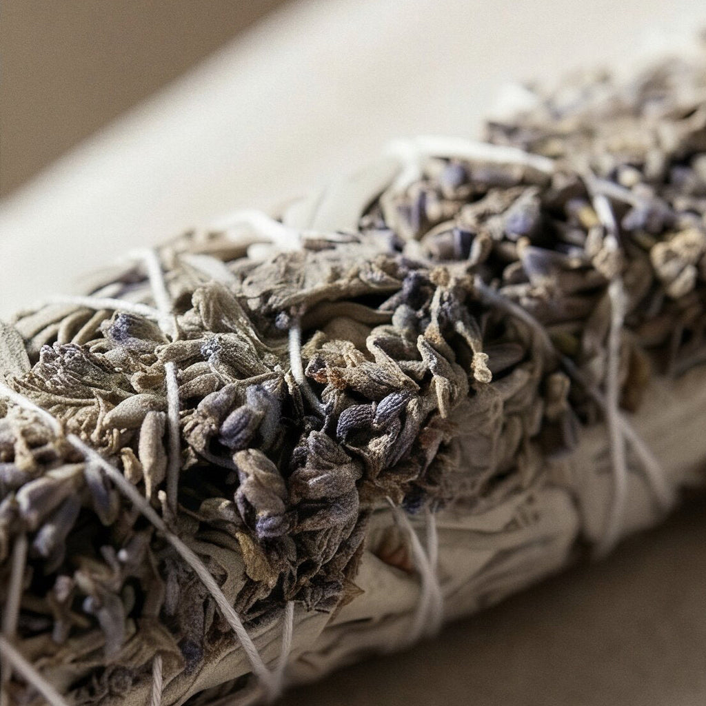 White sage and lavender smudge stick for incense ritual
